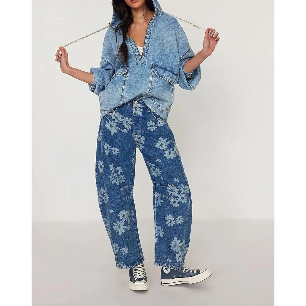 Women's Baggy Wide Leg Denim Jeans Floral Print Mid Rise Ankle Pants - Picture 5 of 6